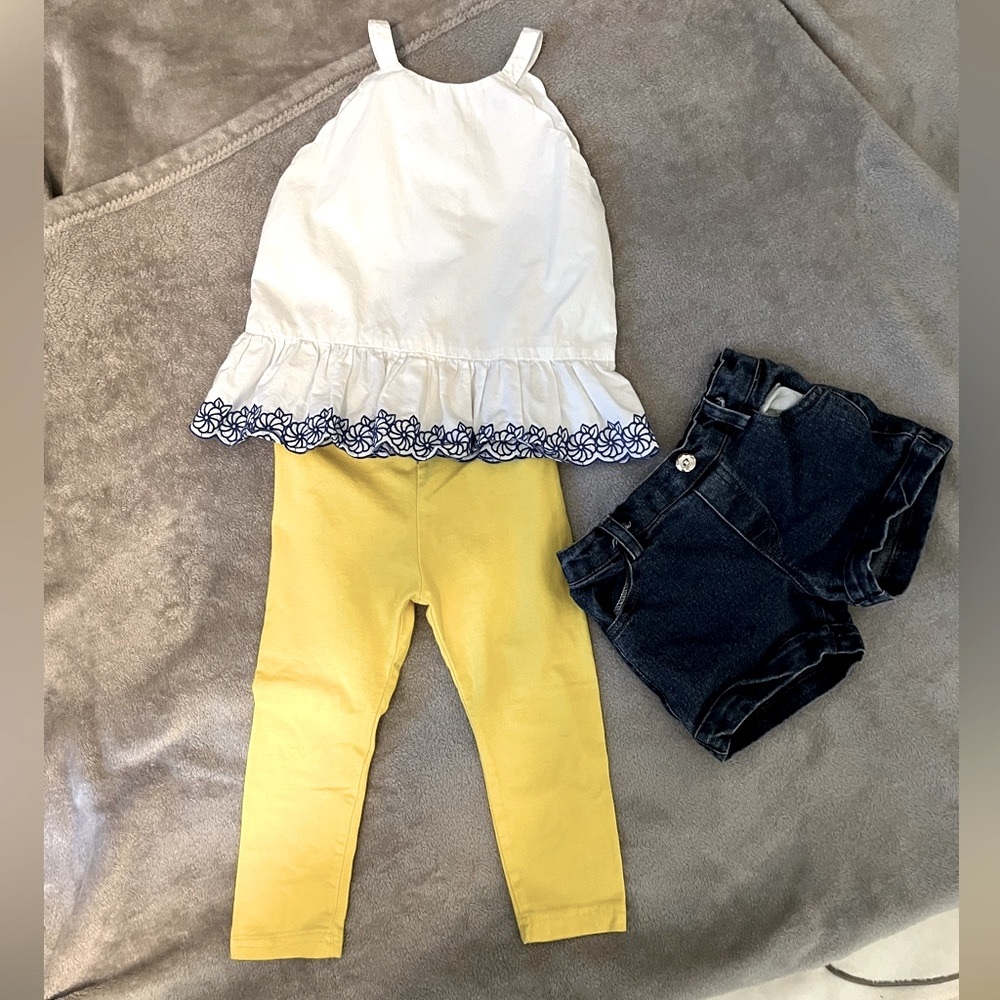 Janie and Jack Pretty White Top with matching Yellow Leggings and Jean Shorts